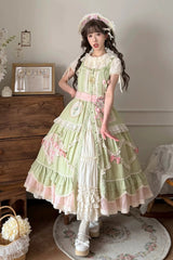 Green [Tulip Blossom Field] Multi-Layered Pastoral Style Ruffled Open-Front Bow Sweet Lolita Jsk Dress - Product - 3