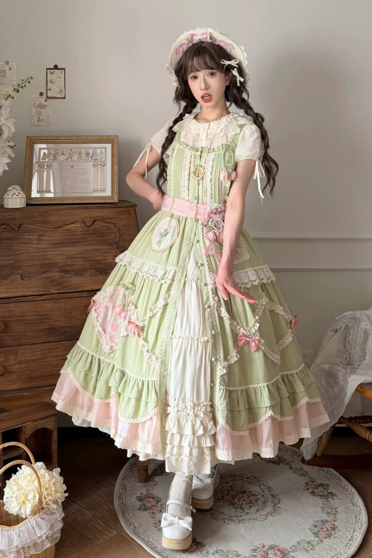 Green [Tulip Blossom Field] Multi-Layered Pastoral Style Ruffled Open-Front Bow Sweet Lolita Jsk Dress - Product - 3
