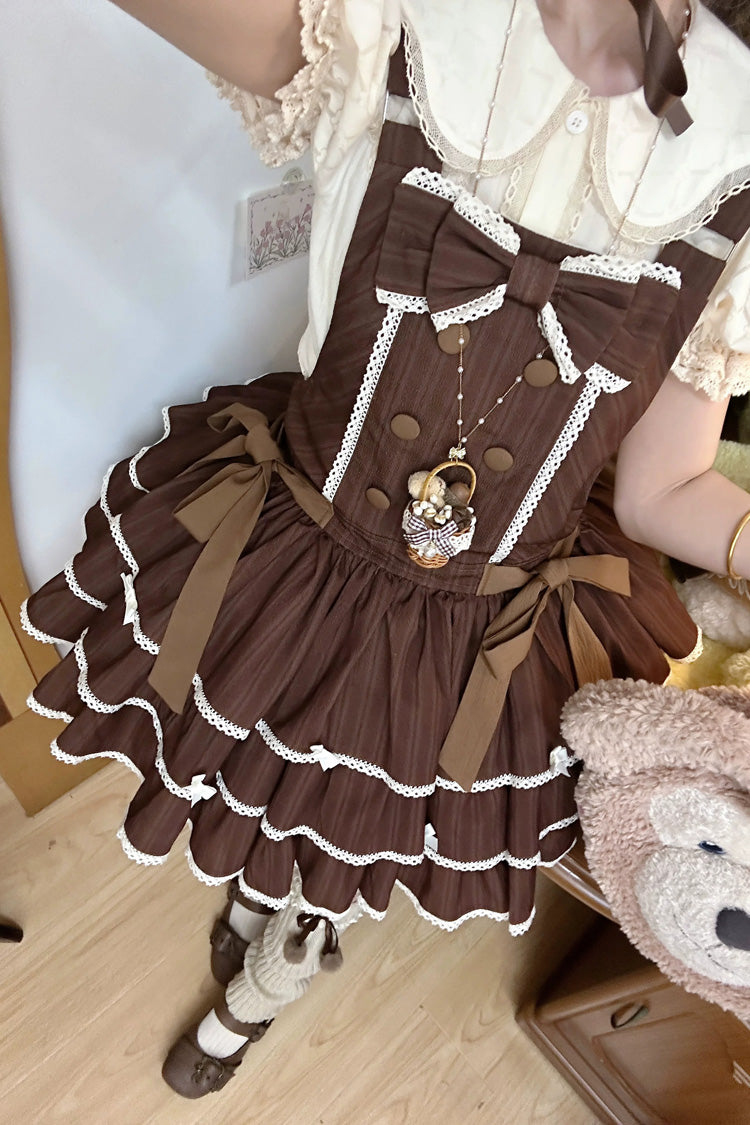 Brown Sleeveless Triple-Layered Printed Ruffled Bow Sweet Lolita Strap Dress - Product - 4