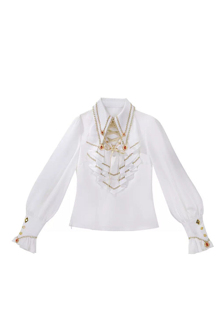Black/White [Oath Knight] Lapel Collar Long Sleeves Ruffled Embroidered Gothic Ouji Lolita Set - Top(Only) - 12