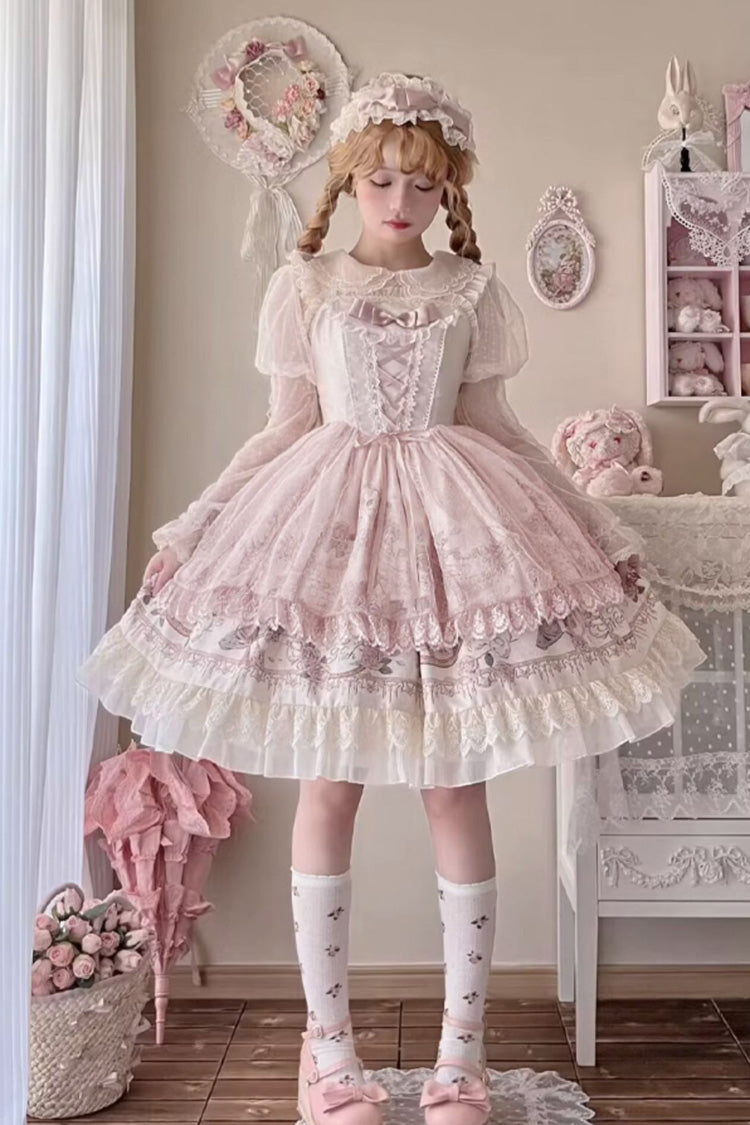 Apricot Sleeveless Rose Prologue Print Ruffle Bowknot Sweet Elegant Princess Lolita Jsk Dress - Product - 3