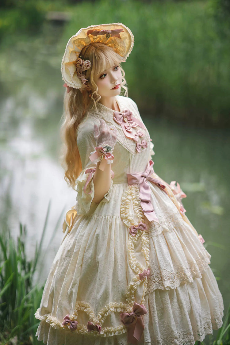 Ivory [Lilica Garden] Lapel Collar Short Trumpet Sleeves Ruffled Open-Front Bow Lace Sweet Elegant Luxurious Lolita Dress - Product - 3