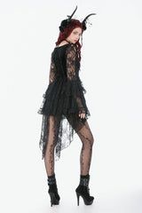 Black Trumpet Sleeves Multi-Layered Lace Velvet Embroidered Lace-Up Women's Gothic Dress - Product - 8