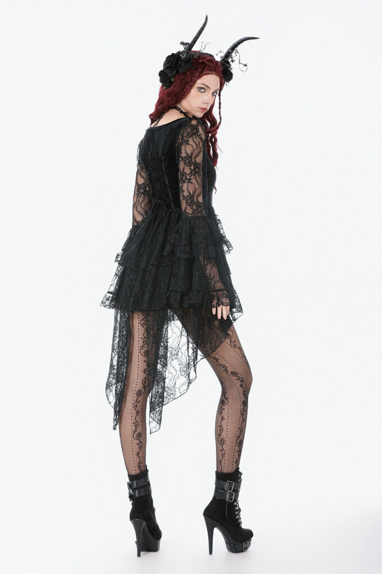 Black Trumpet Sleeves Multi-Layered Lace Velvet Embroidered Lace-Up Women's Gothic Dress - Product - 8