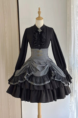 Black [Point Manor] Multi-Layered Striped Printed Ruffled Lifted Hem Bow Gothic Lolita Skirt - Product - 3