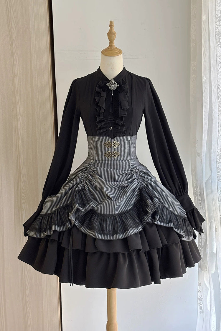 Black [Point Manor] Multi-Layered Striped Printed Ruffled Lifted Hem Bow Gothic Lolita Skirt - Product - 3