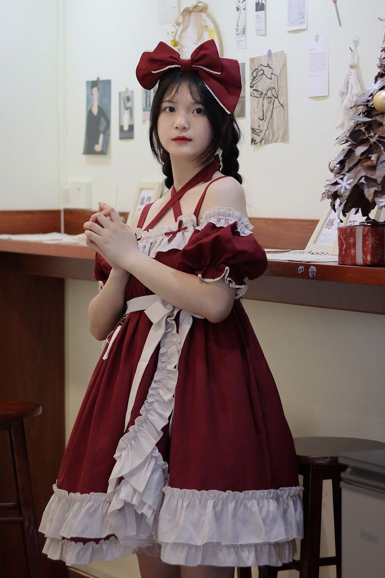 Red [Monet Estate] Sleeveless High Waisted Ruffle Bowknot Asymmetric Gothic Lolita Jsk Dress - Product - 17