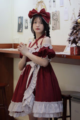 Red [Monet Estate] Sleeveless High Waisted Ruffle Bowknot Asymmetric Gothic Lolita Jsk Dress - Product - 17