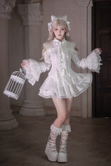 White [Snowy Night Princess] Lapel Collar Long Hime Sleeves Ruffled Bow Lace Gothic Jirai Kei Japanese Skirt Set - White(Set) - 1