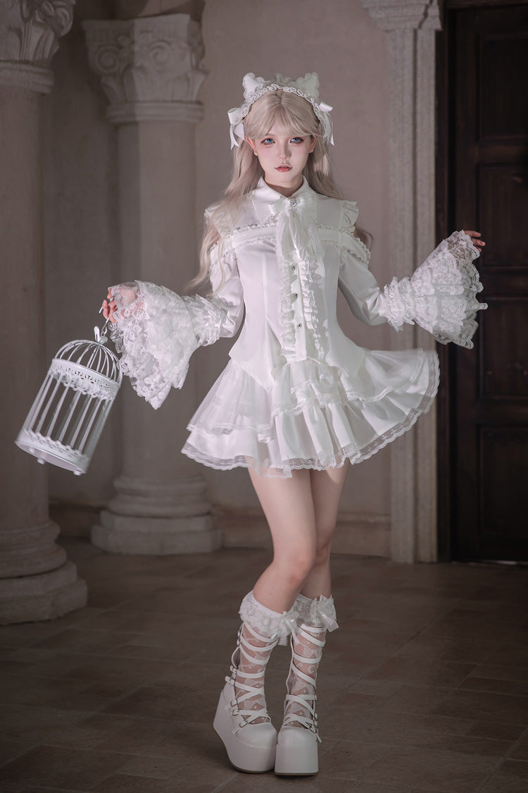 White [Snowy Night Princess] Lapel Collar Long Hime Sleeves Ruffled Bow Lace Gothic Jirai Kei Japanese Skirt Set - White(Set) - 1