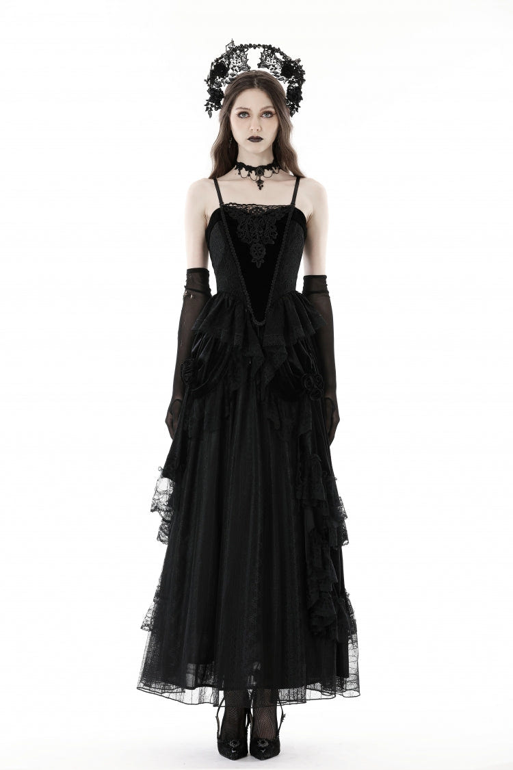 Black Sleeveless Floral Embroidered Velvet Women's Gothic Corset - Black - 1