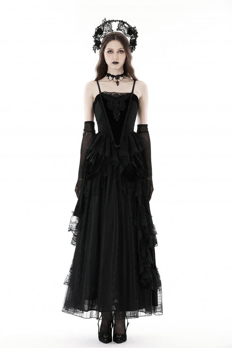 Black Sleeveless Floral Embroidered Velvet Women's Gothic Corset - Black - 1