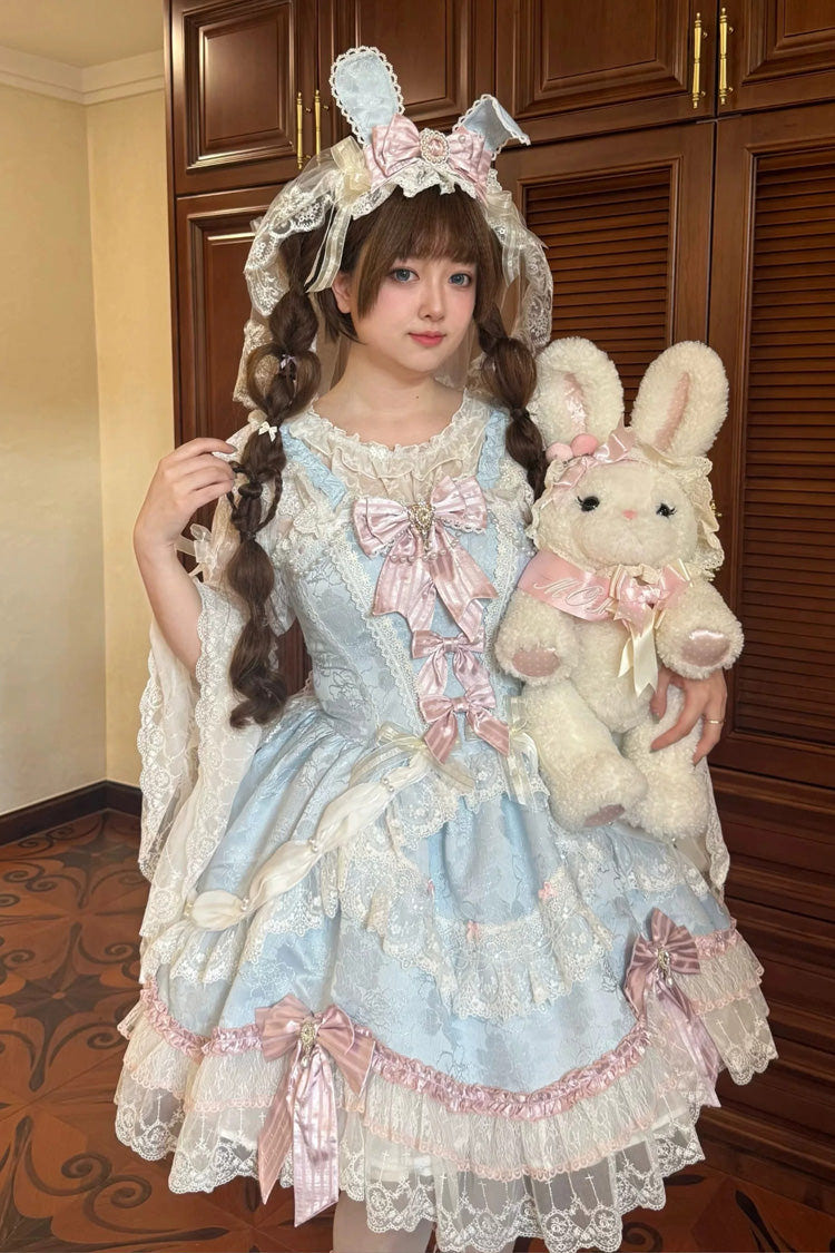 Blue/Pink [Prelude of Ribbons] Square Collar Sleeveless Jacquard Ruffled Open-Front Bow Lace Pearl Detail Floral Wall Plus Size Sweet Lolita Jsk Dress - Blue/Pink - 1