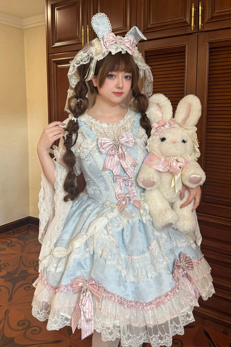 Blue/Pink [Prelude of Ribbons] Square Collar Sleeveless Jacquard Ruffled Open-Front Bow Lace Pearl Detail Floral Wall Plus Size Sweet Lolita Jsk Dress - Blue/Pink - 1