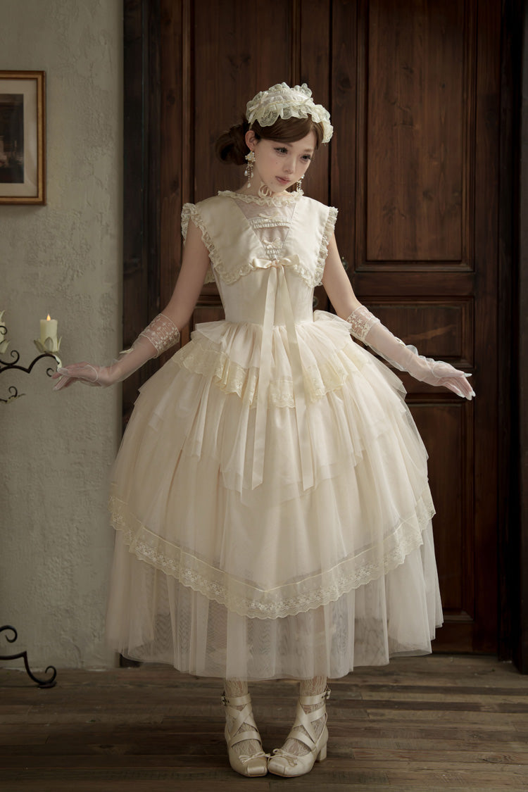 White [Dream by the Pillow] Triple-Layered Ruffled Bow Lace Sweet Elegant Lolita Dress - Product - 8
