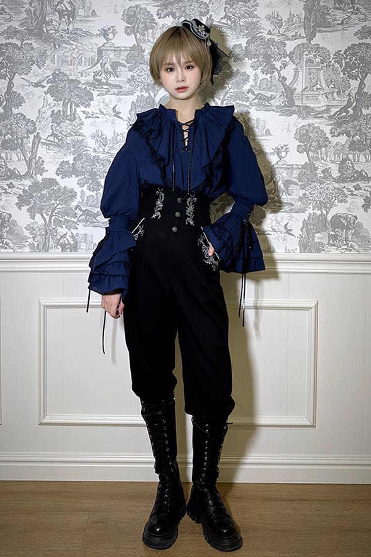 Blue Pirate Series Navigation Treasure Hunting Guide V Collar Long Hime Sleeves Ouji Lolita Blouse - Blue - 1