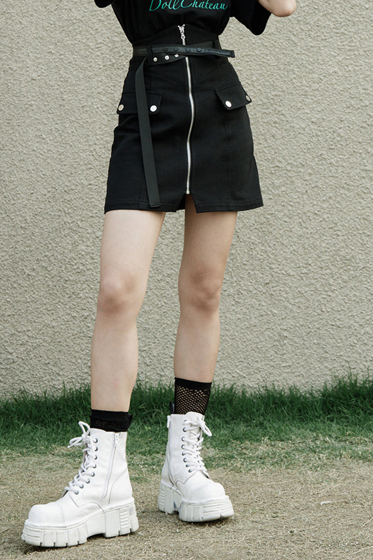 Black High Waist Front Zipper Metal Eyelets Belt Side Pocket Women's Punk Denim Skirt - Black - 1