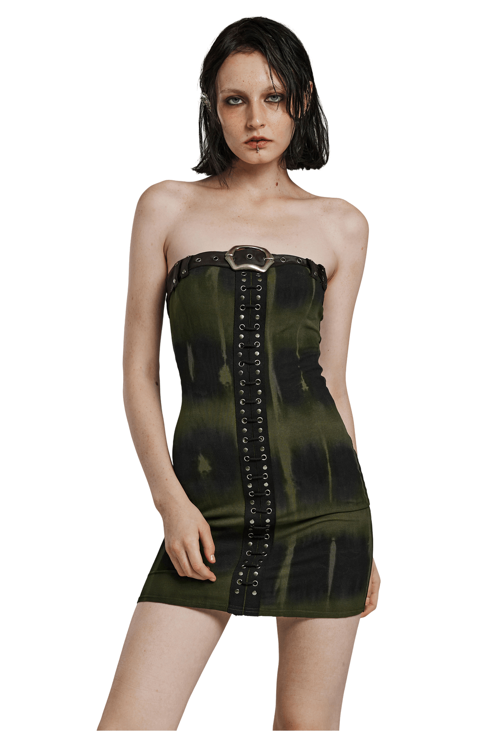 Elastic Rib Fabric Dress with Tie-Dye Print and Drawstring - image 1