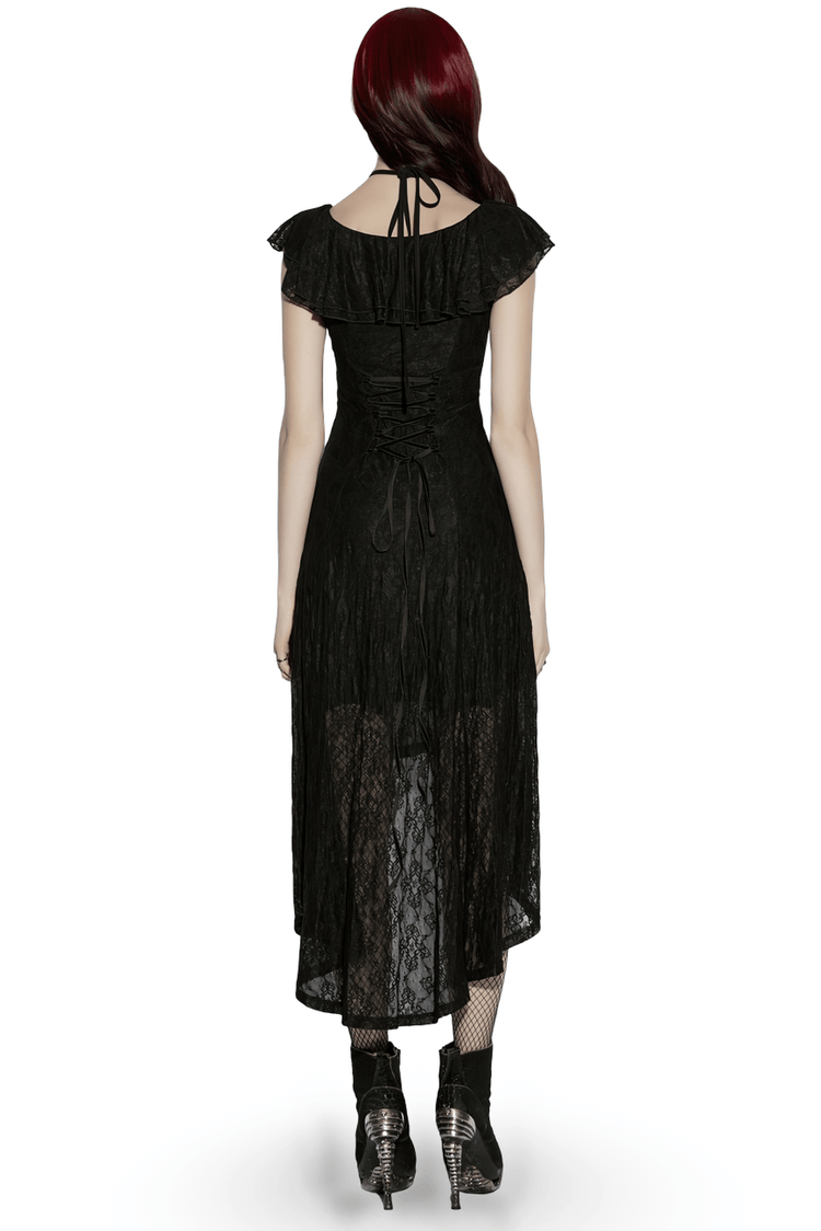 Elegant Black Gothic Lace High Low Hollow Ruffle Dress - image 2