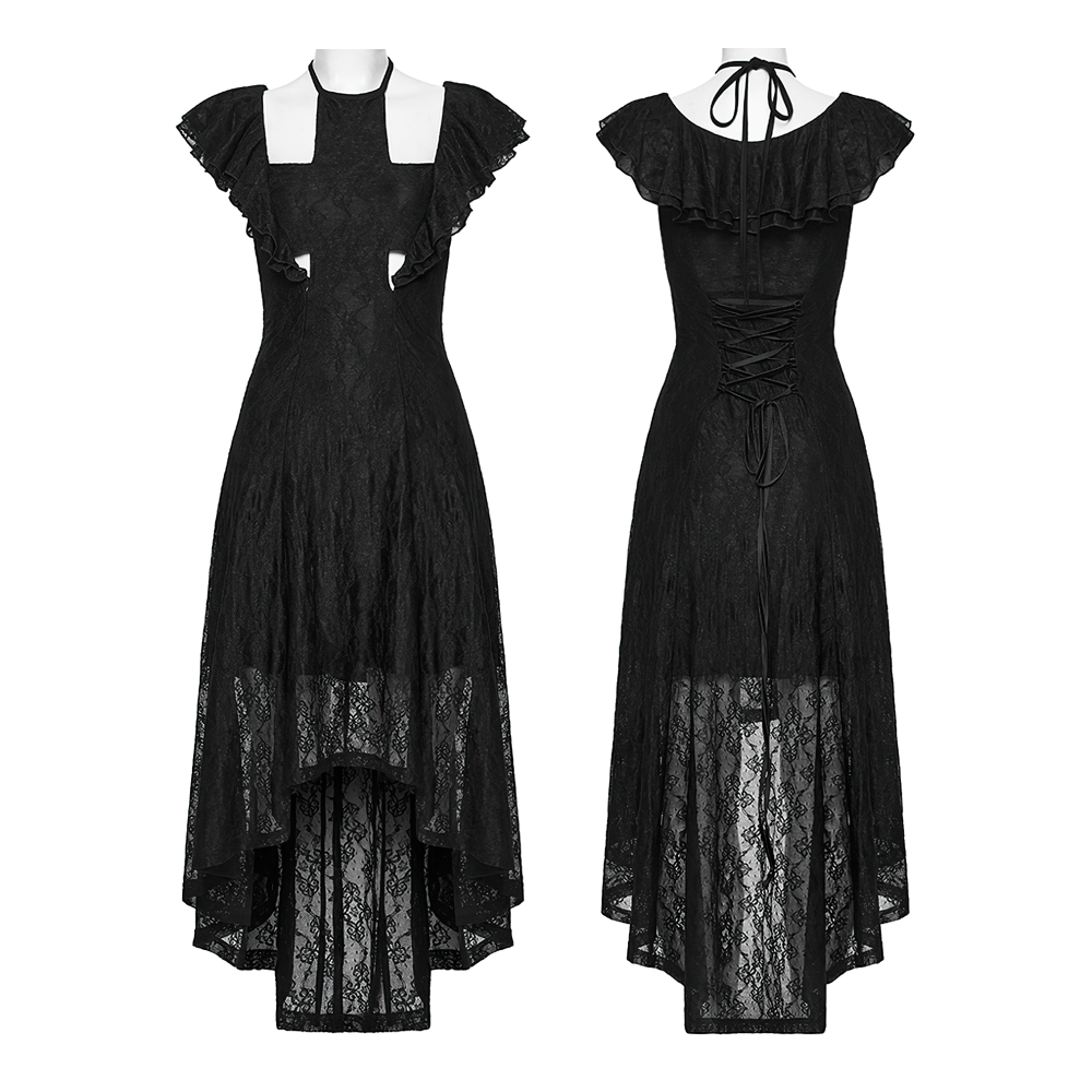 Elegant Black Gothic Lace High Low Hollow Ruffle Dress - image 3