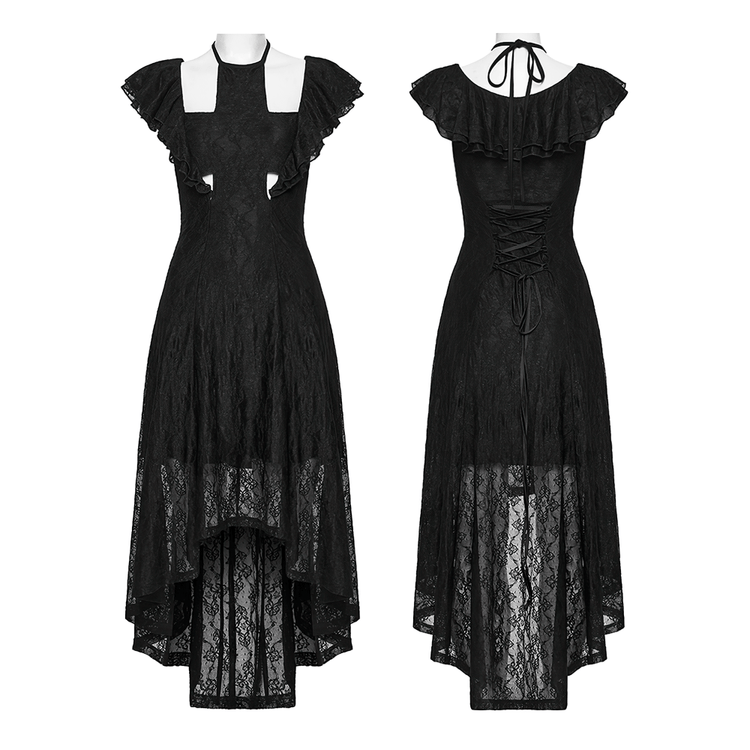 Elegant Black Gothic Lace High Low Hollow Ruffle Dress - image 3