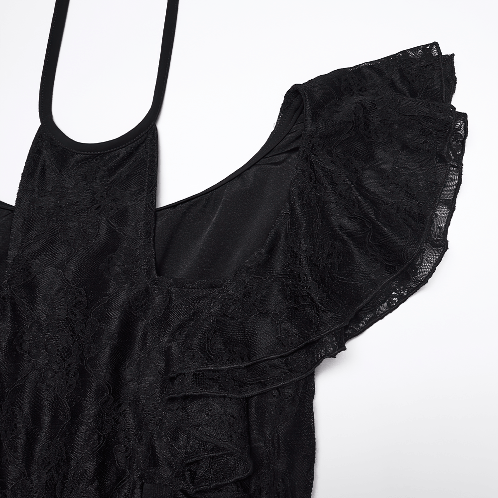 Elegant Black Gothic Lace High Low Hollow Ruffle Dress - image 8