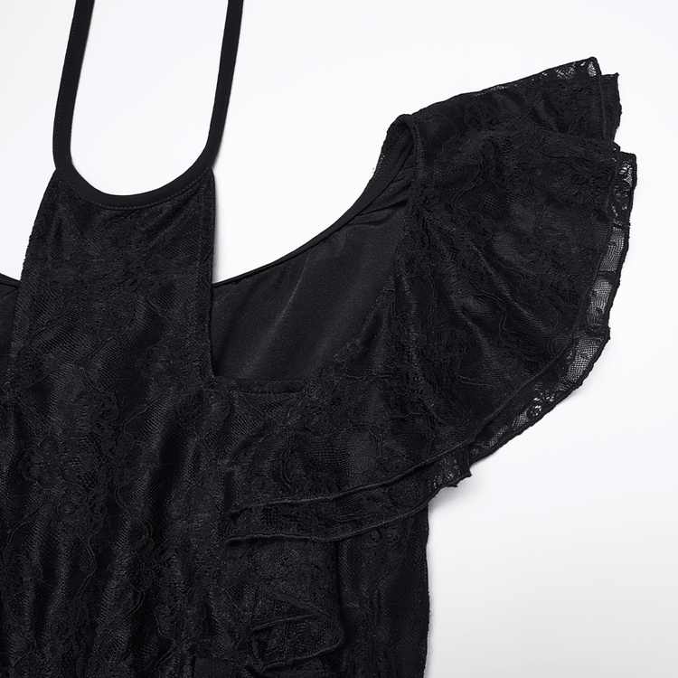 Elegant Black Gothic Lace High Low Hollow Ruffle Dress - image 8
