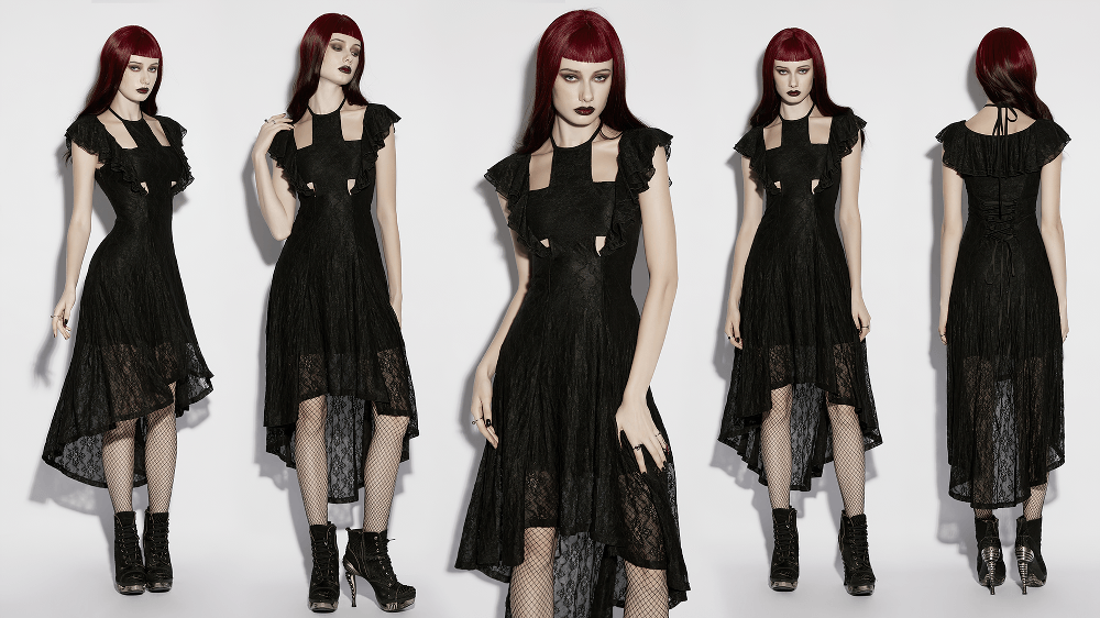 Elegant Black Gothic Lace High Low Hollow Ruffle Dress - image 14