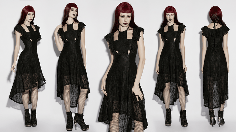 Elegant Black Gothic Lace High Low Hollow Ruffle Dress - image 14