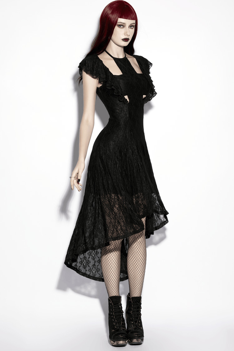 Elegant Black Gothic Lace High Low Hollow Ruffle Dress - image 13