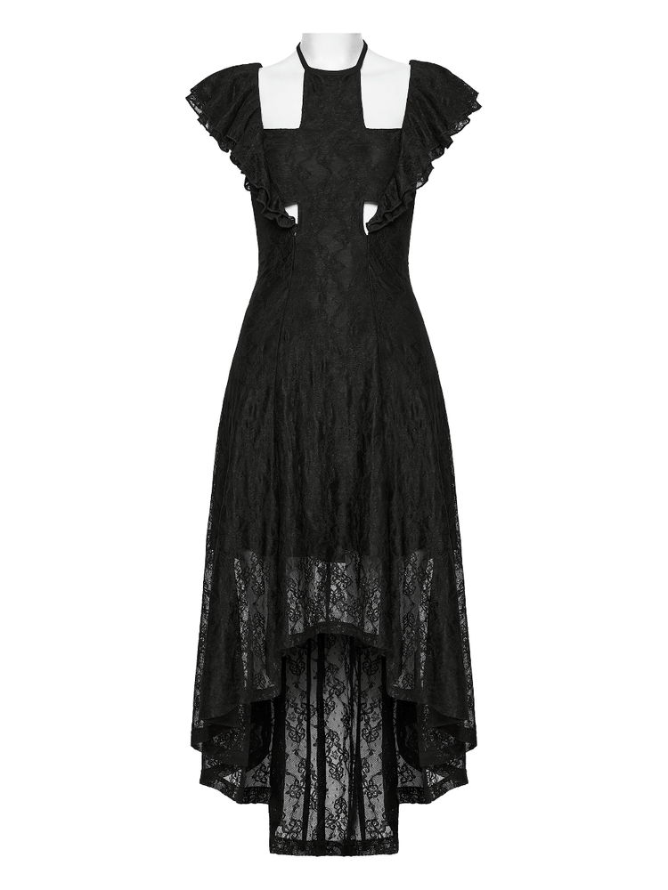 Elegant Black Gothic Lace High Low Hollow Ruffle Dress - image 4