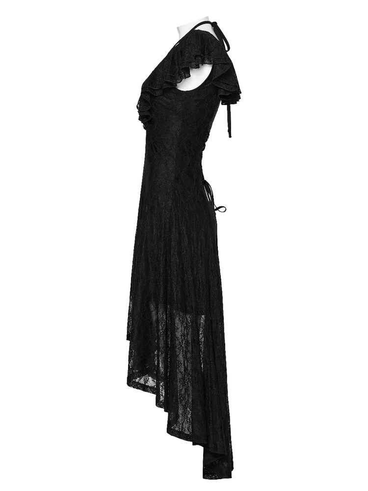 Elegant Black Gothic Lace High Low Hollow Ruffle Dress - image 5