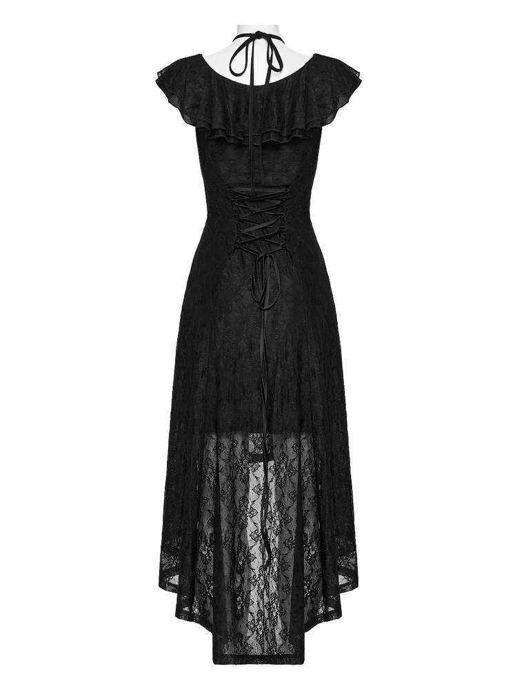 Elegant Black Gothic Lace High Low Hollow Ruffle Dress - image 6