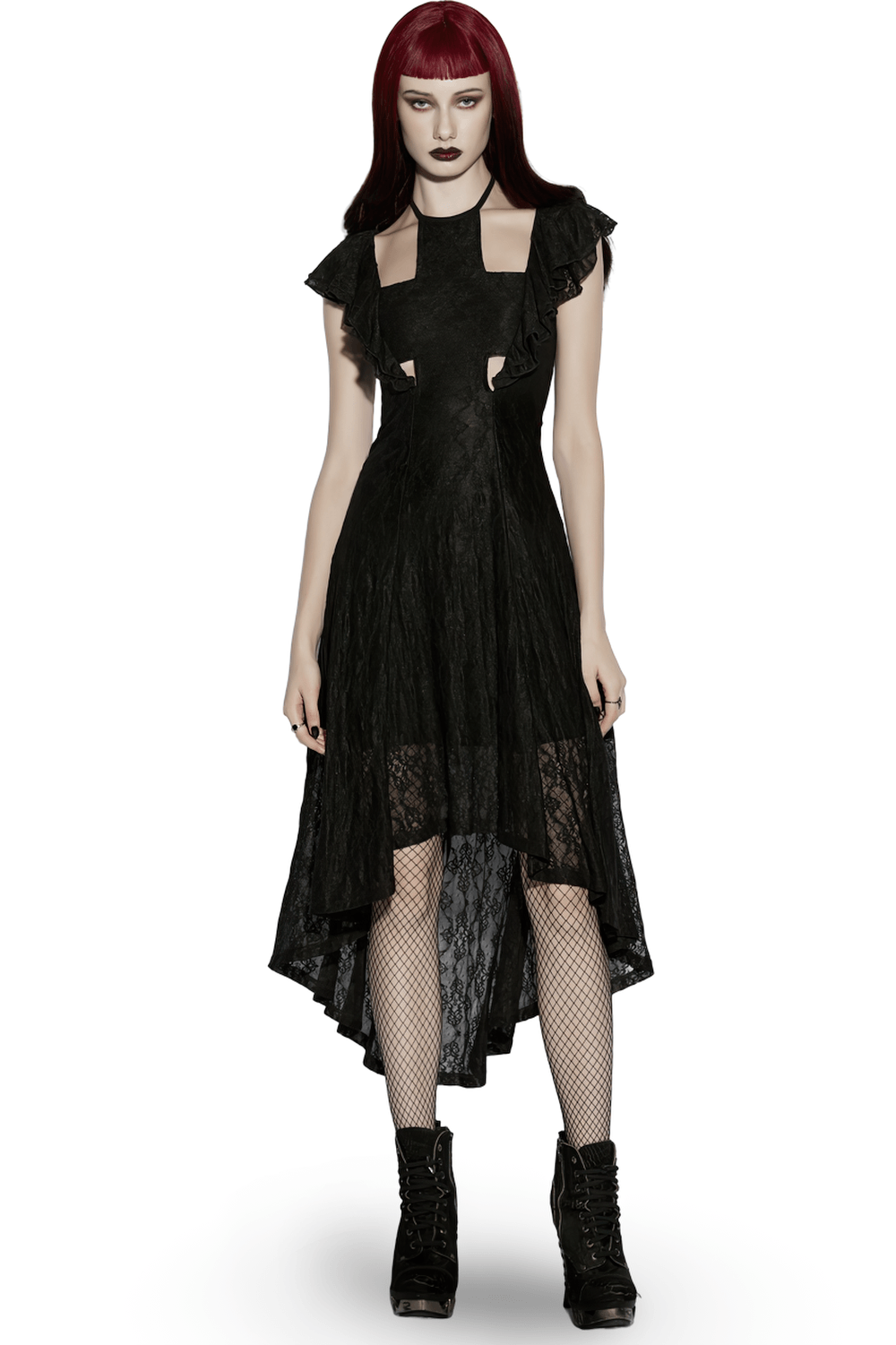 Elegant Black Gothic Lace High Low Hollow Ruffle Dress - image 1