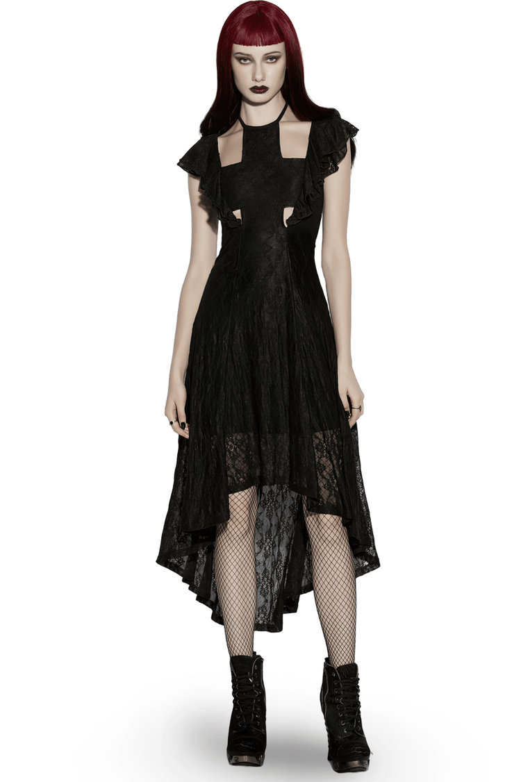 Elegant Black Gothic Lace High Low Hollow Ruffle Dress - image 1