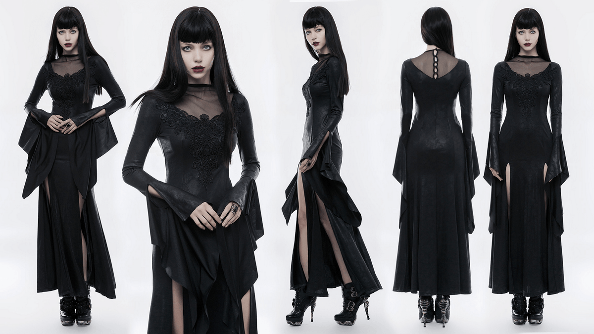 Elegant Black Gothic Mesh Lace High Slit Witch Dress - image 14
