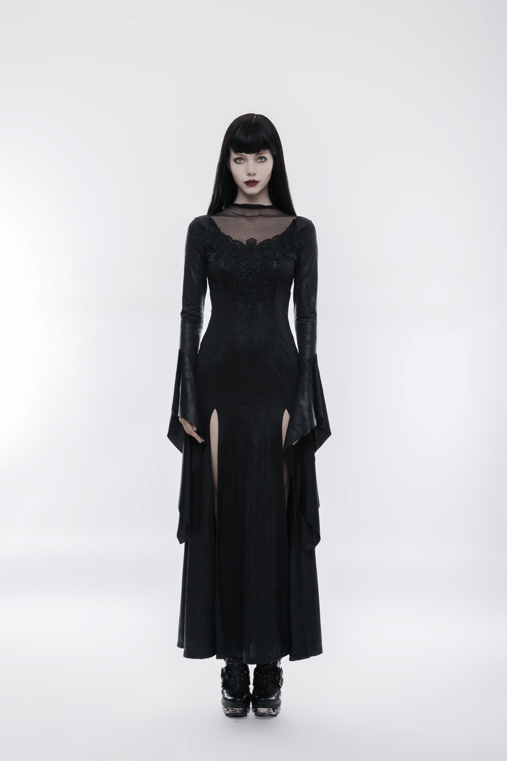 Elegant Black Gothic Mesh Lace High Slit Witch Dress - image 11