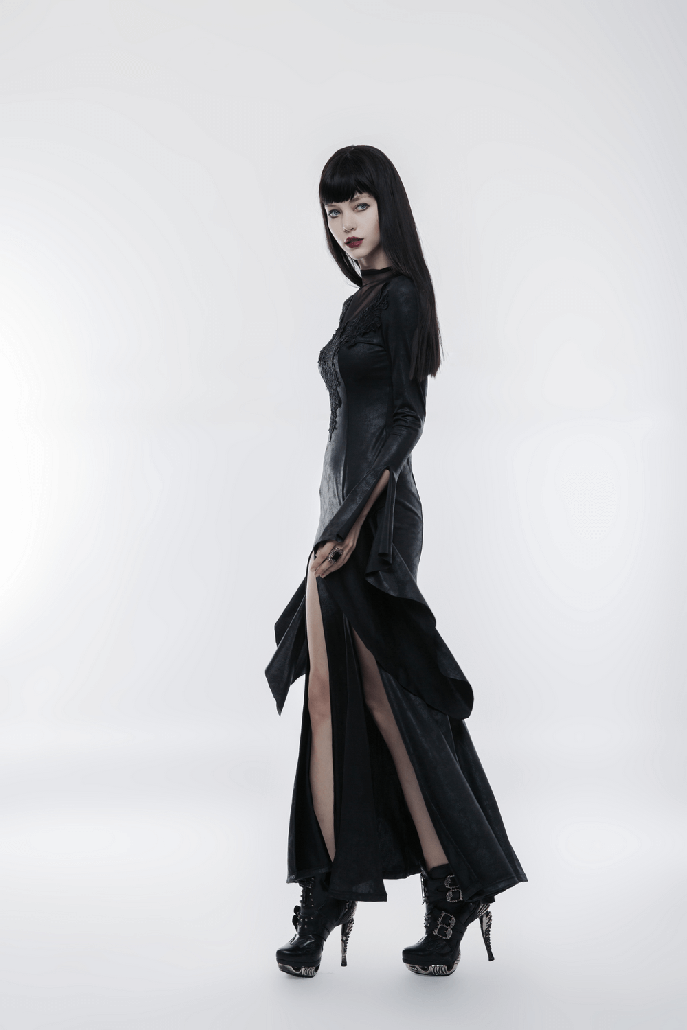 Elegant Black Gothic Mesh Lace High Slit Witch Dress - image 12