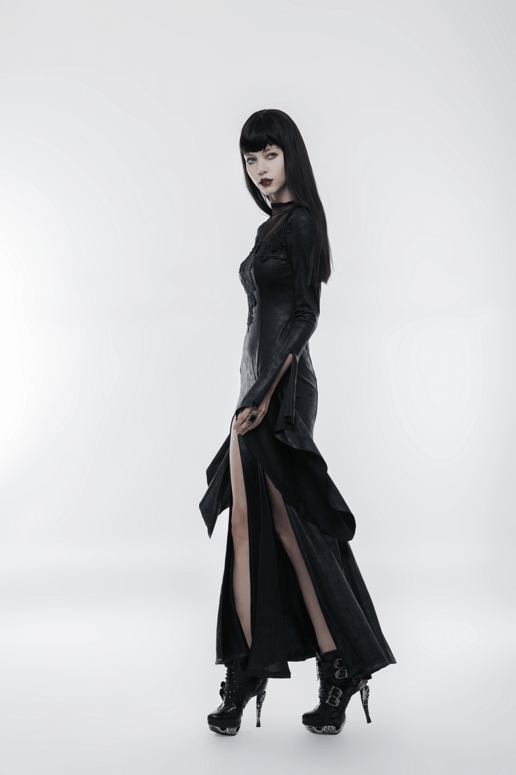Elegant Black Gothic Mesh Lace High Slit Witch Dress - image 12
