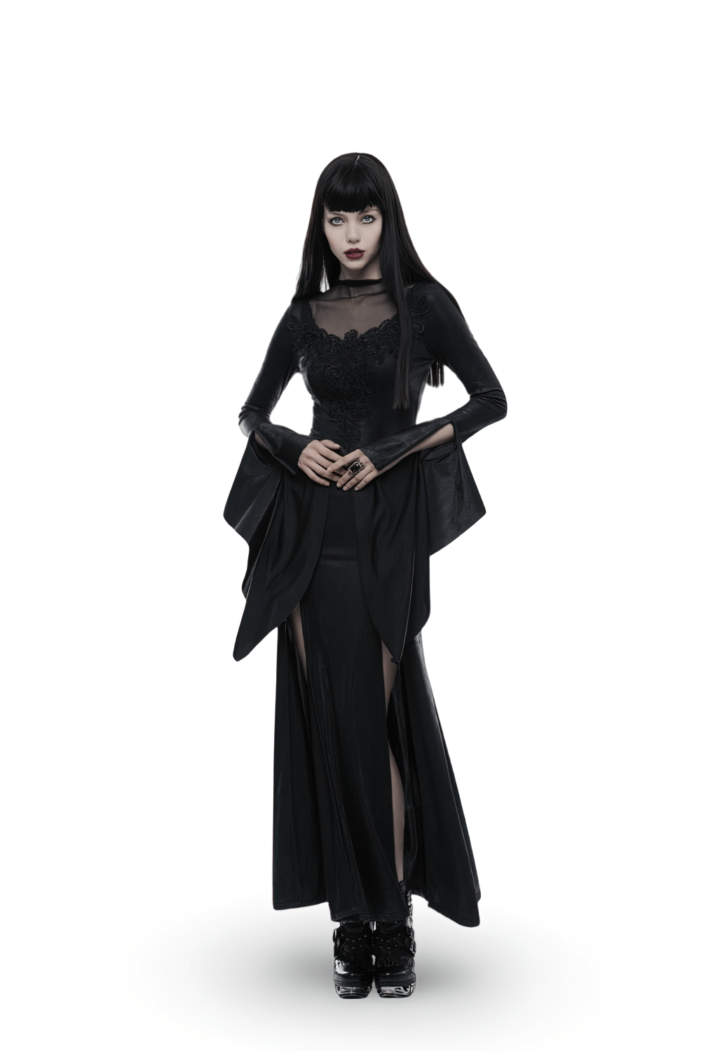 Elegant Black Gothic Mesh Lace High Slit Witch Dress - image 1