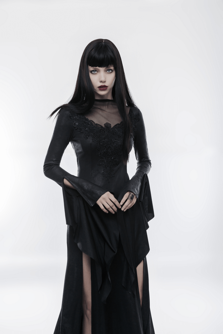 Elegant Black Gothic Mesh Lace High Slit Witch Dress - image 13
