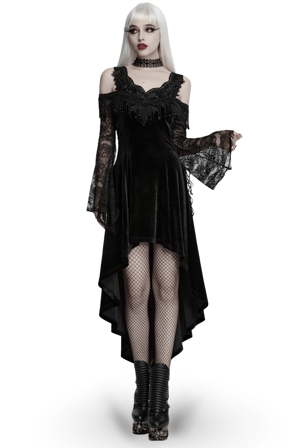 Elegant Black Gothic Velvet High-Low Dress with Lace Sleeves - image 1