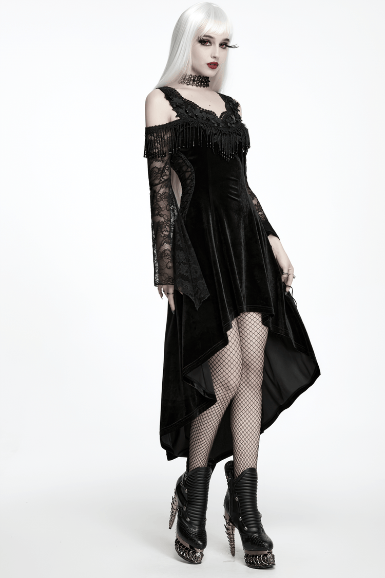 Elegant Black Gothic Velvet High-Low Dress with Lace Sleeves - image 16