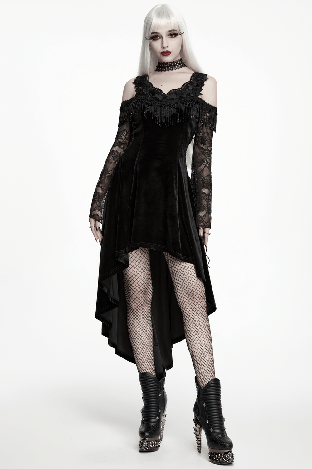 Elegant Black Gothic Velvet High-Low Dress with Lace Sleeves - image 17