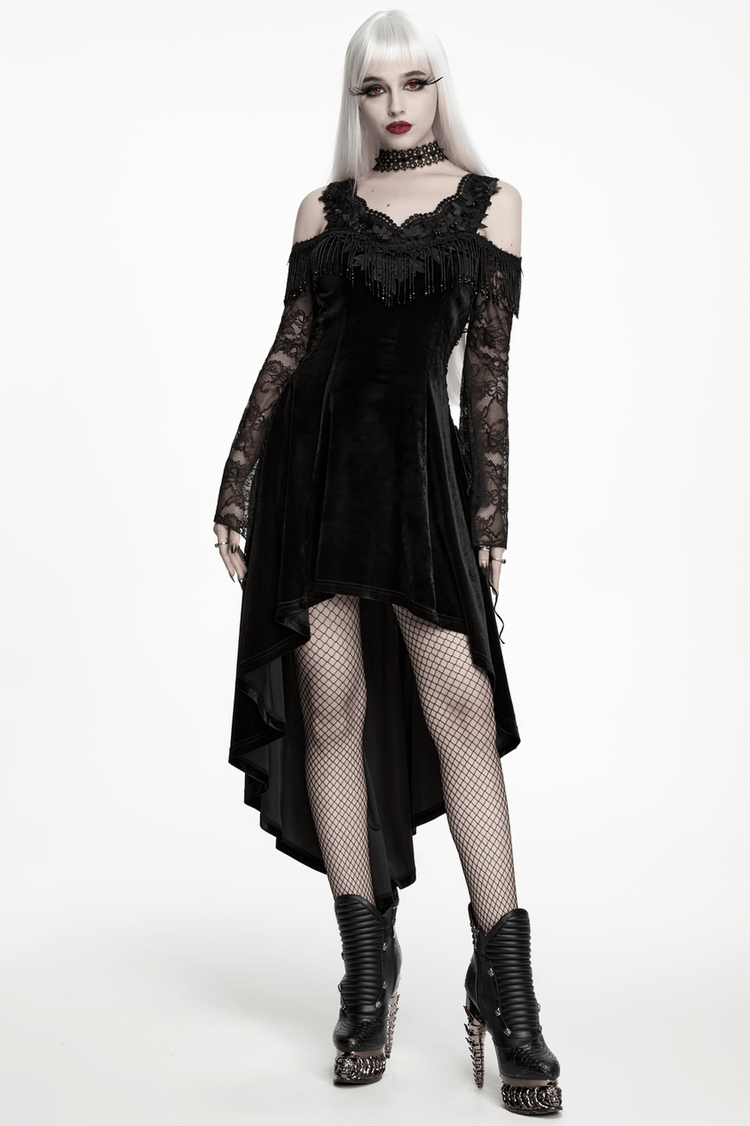 Elegant Black Gothic Velvet High-Low Dress with Lace Sleeves - image 17