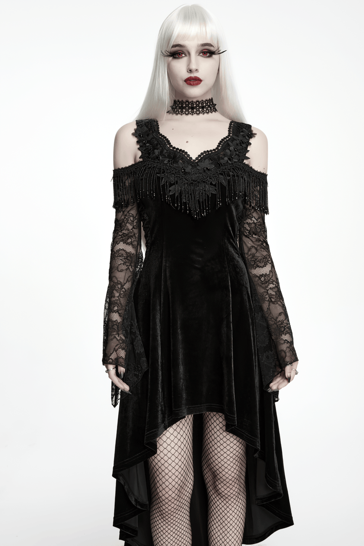 Elegant Black Gothic Velvet High-Low Dress with Lace Sleeves - image 13