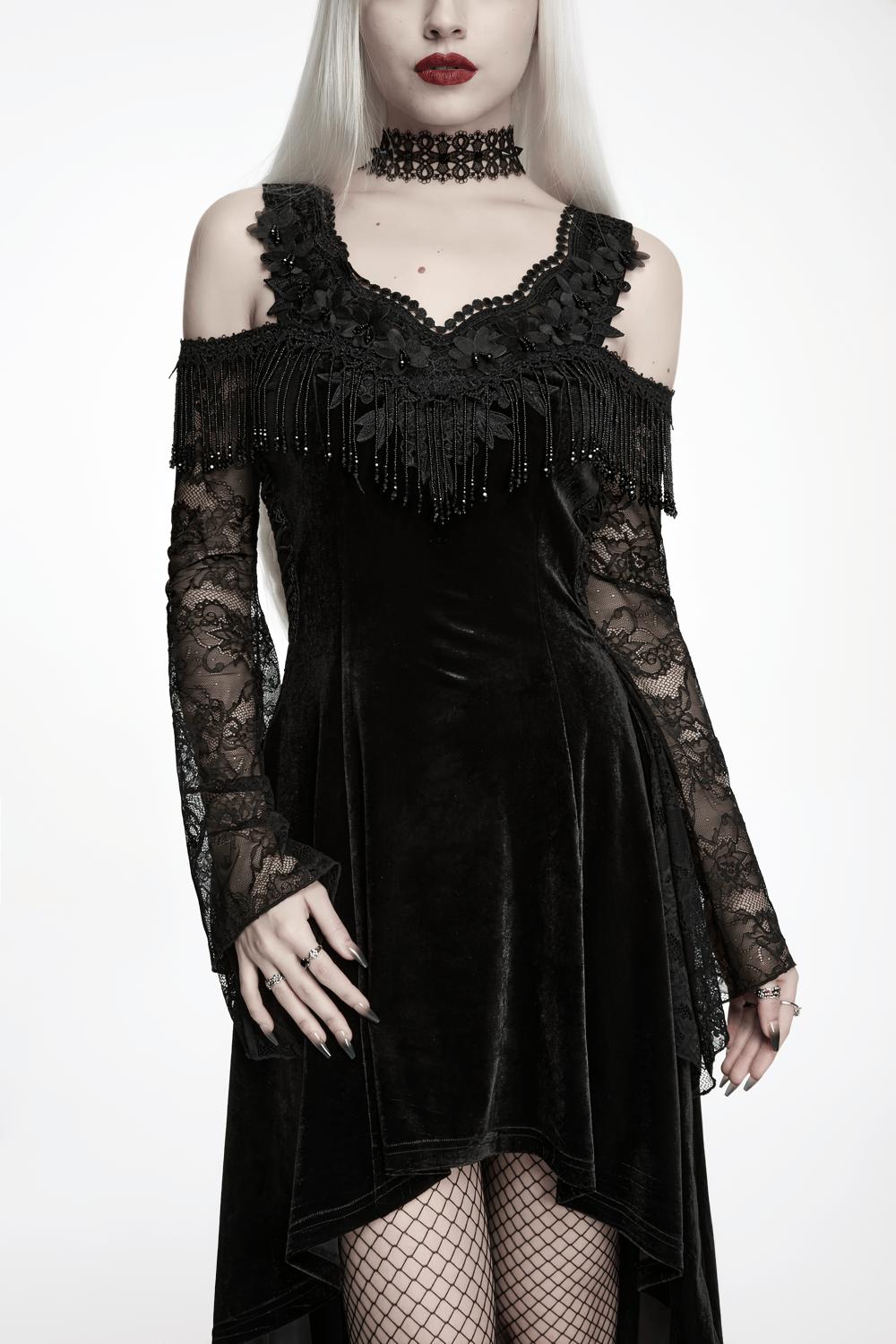 Elegant Black Gothic Velvet High-Low Dress with Lace Sleeves - image 12