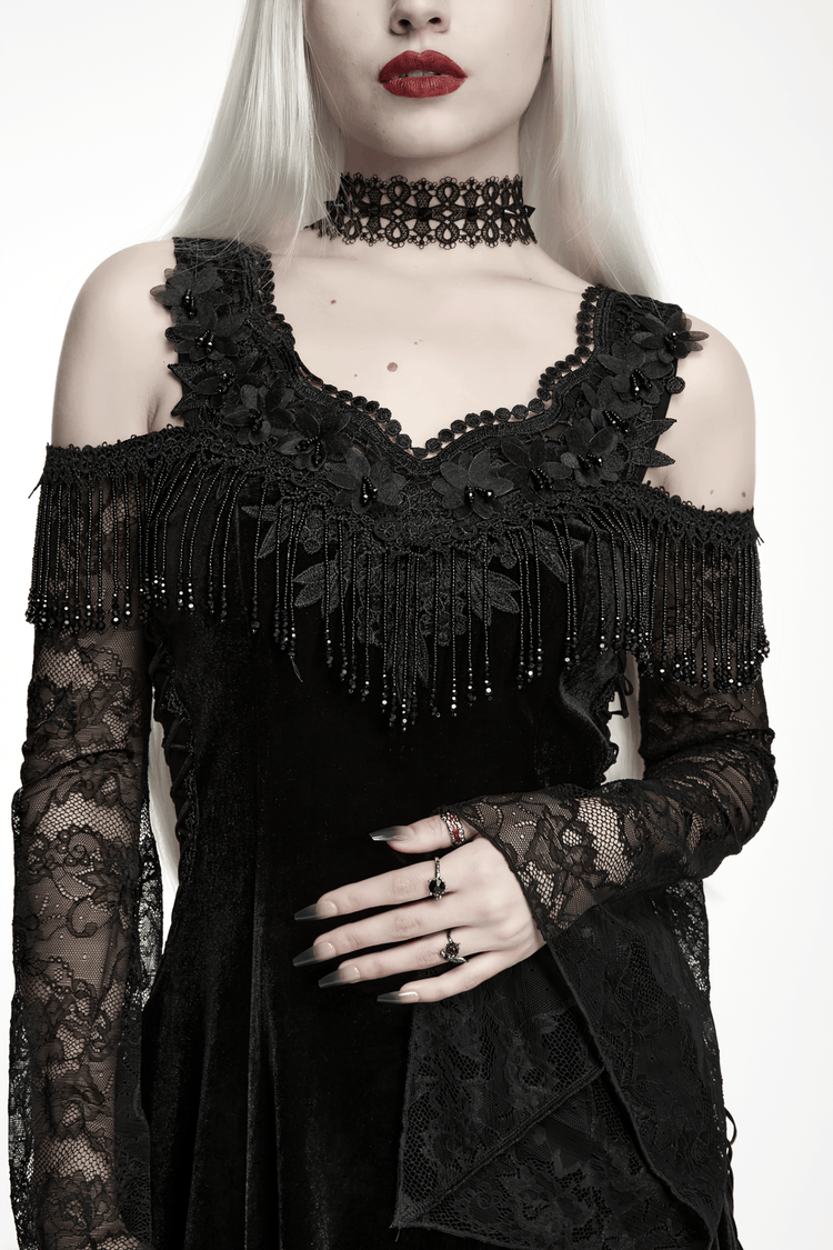 Elegant Black Gothic Velvet High-Low Dress with Lace Sleeves - image 11