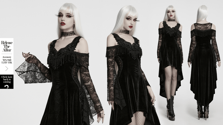 Elegant Black Gothic Velvet High-Low Dress with Lace Sleeves - image 18