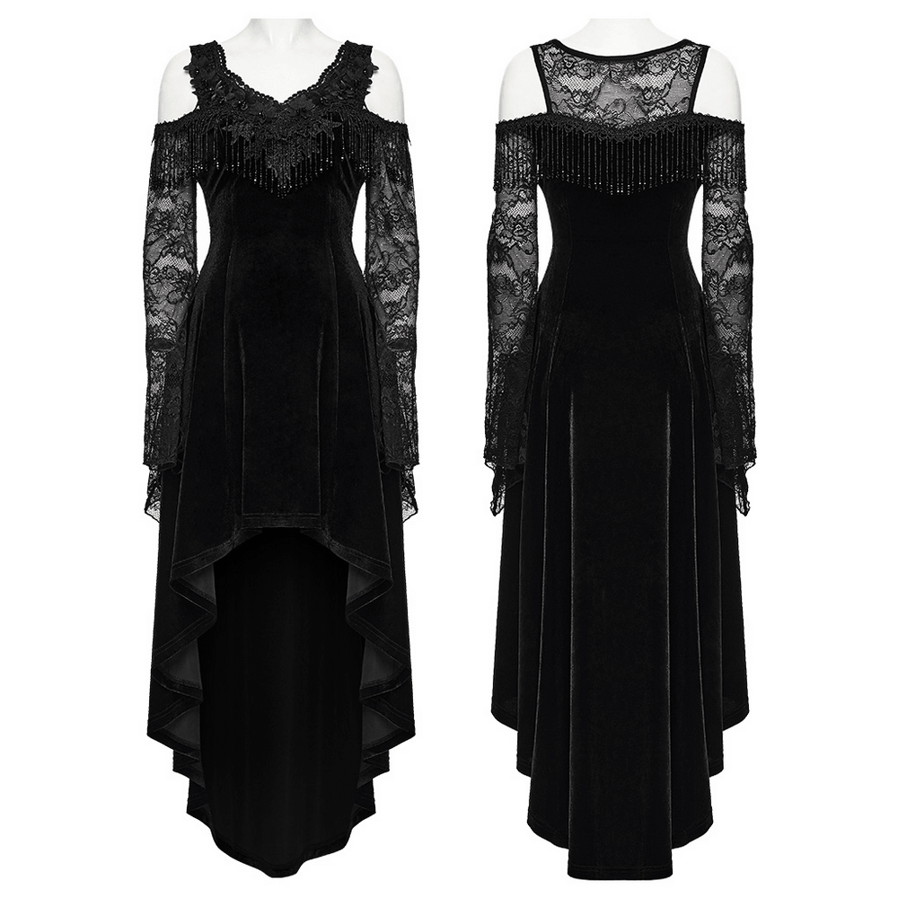 Elegant Black Gothic Velvet High-Low Dress with Lace Sleeves - image 3